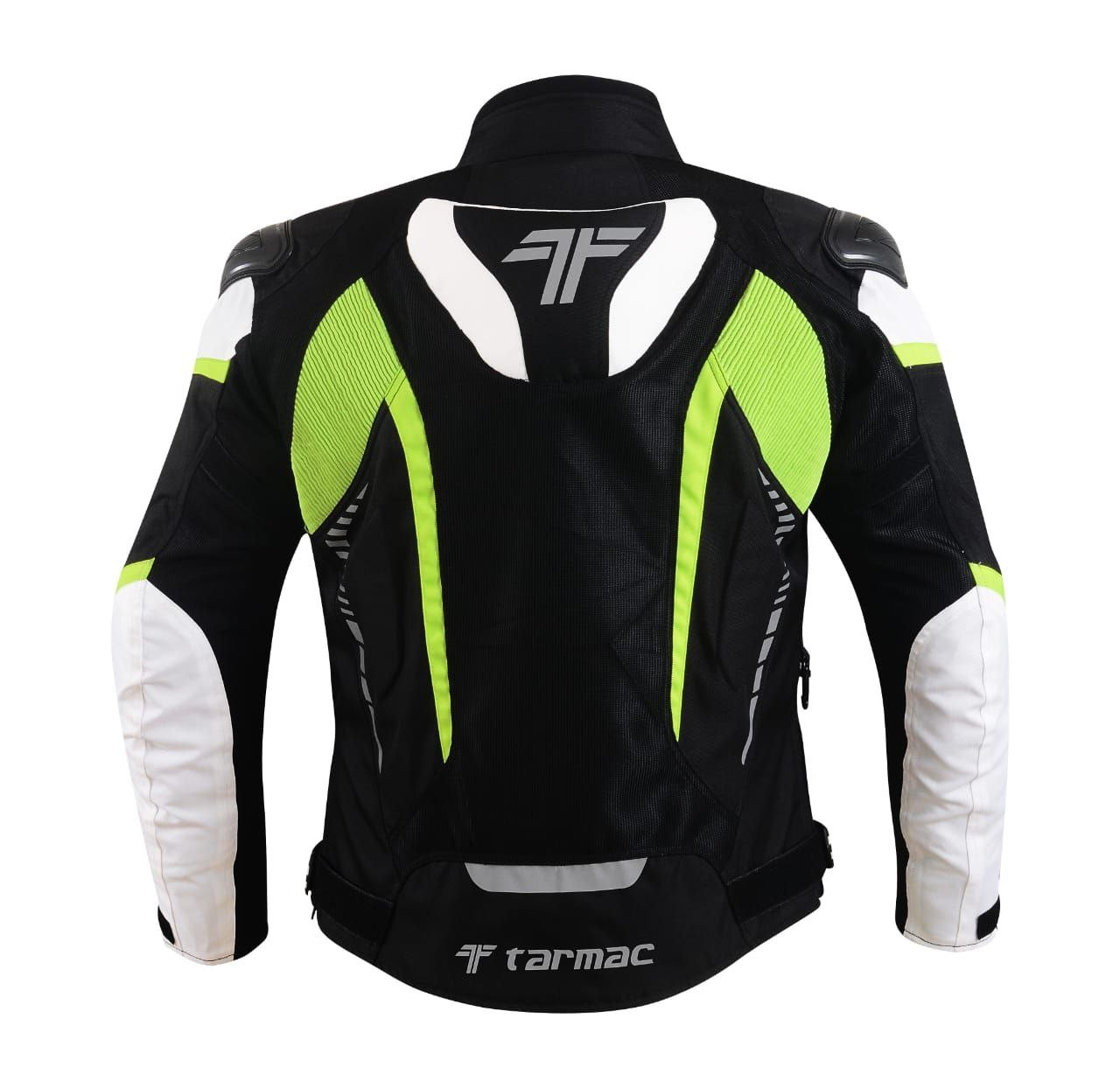 Tarmac Corsa Black/White/Fluorescent Level 2 Riding Jacket with PU chest  protectors + FREE Tarmac Tex Green gloves - Bachoo Motors