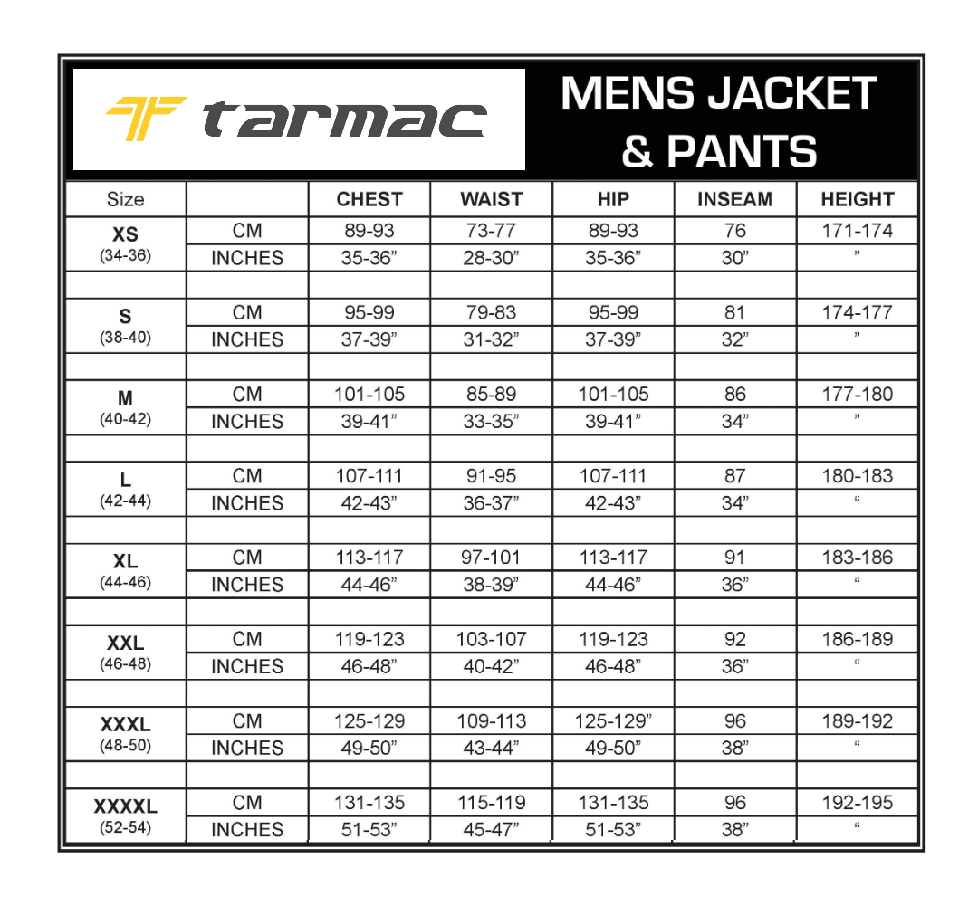 Jacket and Pants Sizing Guide